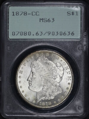 Obverse of this 1878-CC Morgan Dollar PCGS MS-63 Old Green Rattler Holder