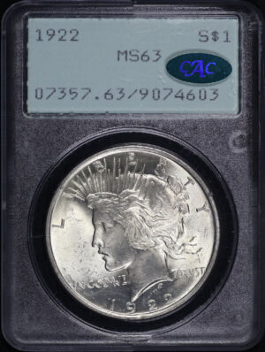 Obverse of this 1922 Peace Dollar PCGS MS-63 CAC Old Green Rattler Holder