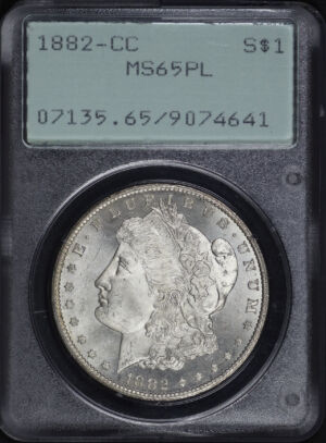 Obverse of this 1882-CC Morgan Dollar PCGS MS-65 PL Old Green Rattler Holder