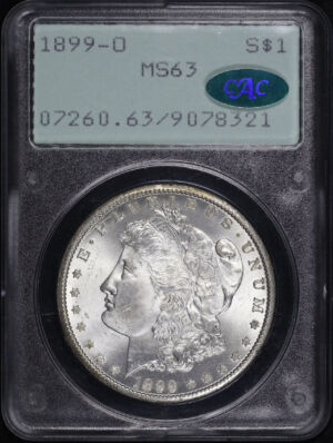 Obverse of this 1899-O Morgan Dollar PCGS MS-63 CAC Old Green Rattler Holder