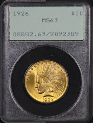 Obverse of this 1926 Indian $10 Motto PCGS MS-63 Green Rattler Holder