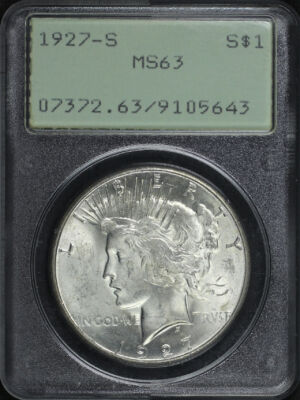Obverse of this 1927-S Peace Dollar PCGS MS-63 Old Green Rattler Holder