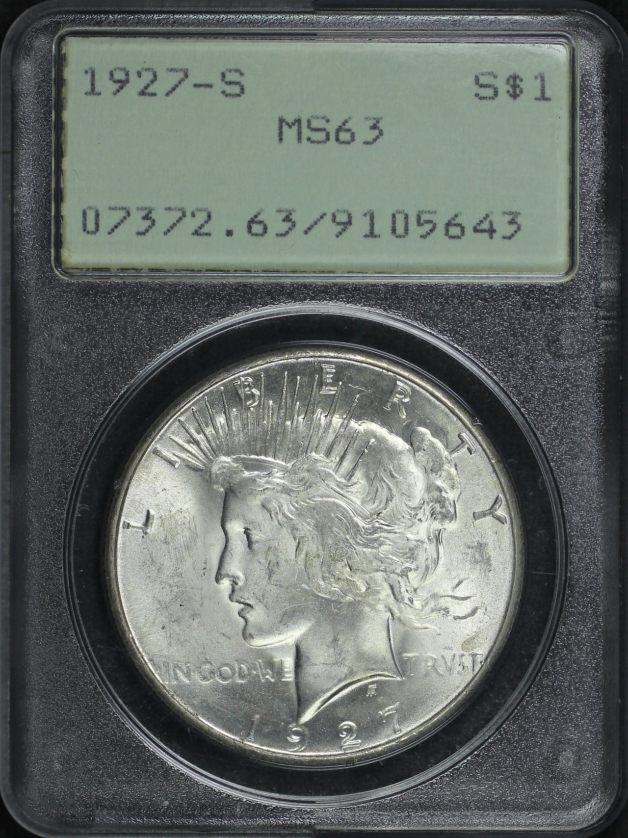 Obverse of this 1927-S Peace Dollar PCGS MS-63 Old Green Rattler Holder
