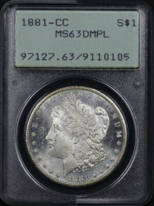 Obverse of this 1881-CC Morgan Dollar PCGS MS-63 DMPL Old Green Rattler Holder