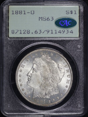 Obverse of this 1881-O Morgan Dollar PCGS MS-63 CAC Old Green Rattler Holder