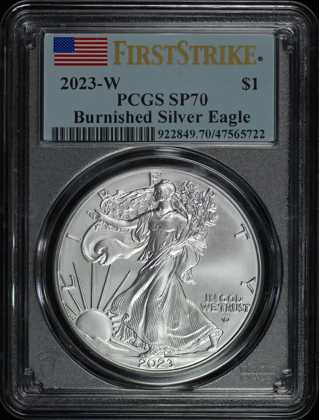 Obverse of this 2023-W Burnished Silver Eagle PCGS SP-70 First Strike