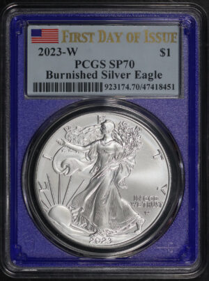 Obverse of this 2023-W Silver Eagle Burnished Silver Eagle PCGS SP-70 First Day of Issue Blue Core Label
