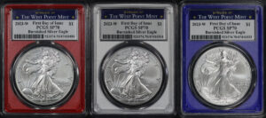Obverse of this 2023-W Burnished Silver Eagle 3 Coin Set PCGS SP-70 First Day of Issue-Red,White,Blue Core