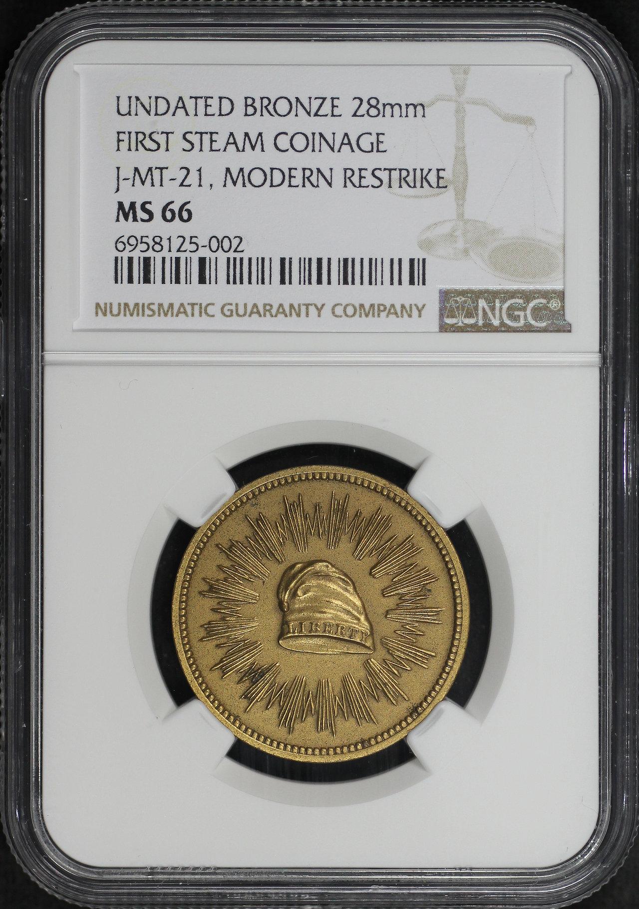 Obverse of this Undated Bronze 28mm First Steam Coinage Modern Restrike J-MT-21 NGC MS-66