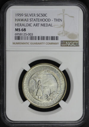 Obverse of this 1959 SC50C Hawaii Statehood Thin Heraldic Art Medal NGC MS-68