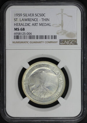 Obverse of this 1959 Silver SC50C St. Lawrence – Thin Heraldic Art Medal NGC MS-68