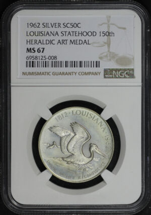 Obverse of this 1962 Silver SC50C Louisiana Statehood 150th Heraldic Art Medal NGC MS-67
