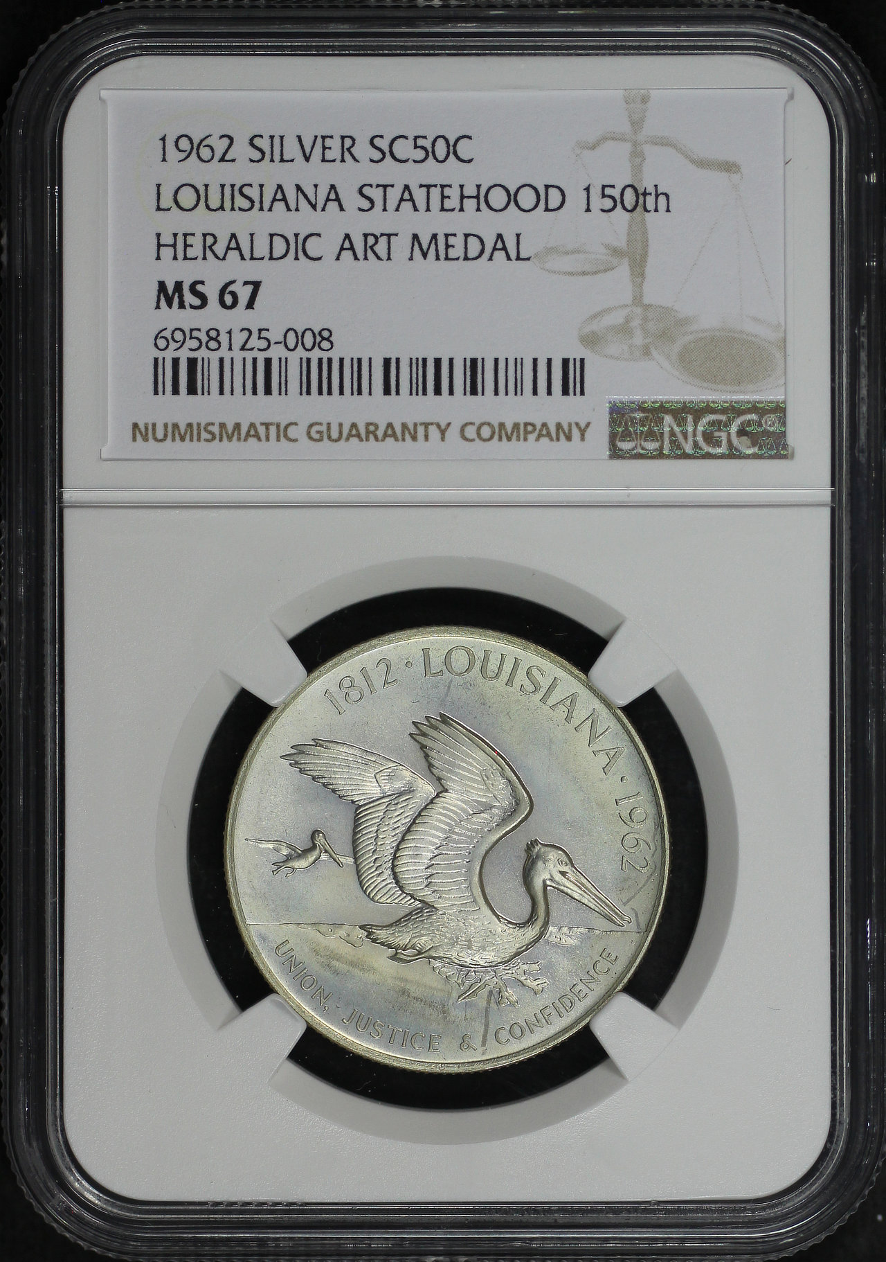 Obverse of this 1962 Silver SC50C Louisiana Statehood 150th Heraldic Art Medal NGC MS-67