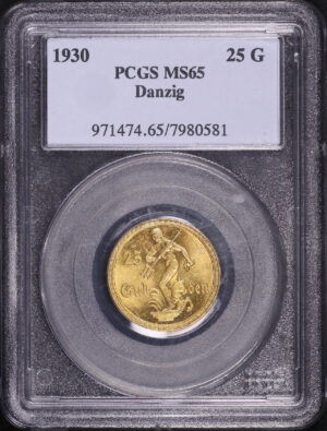 Obverse of this 1930 Danzig Gold 25 Gulden KM #150 PCGS MS-65