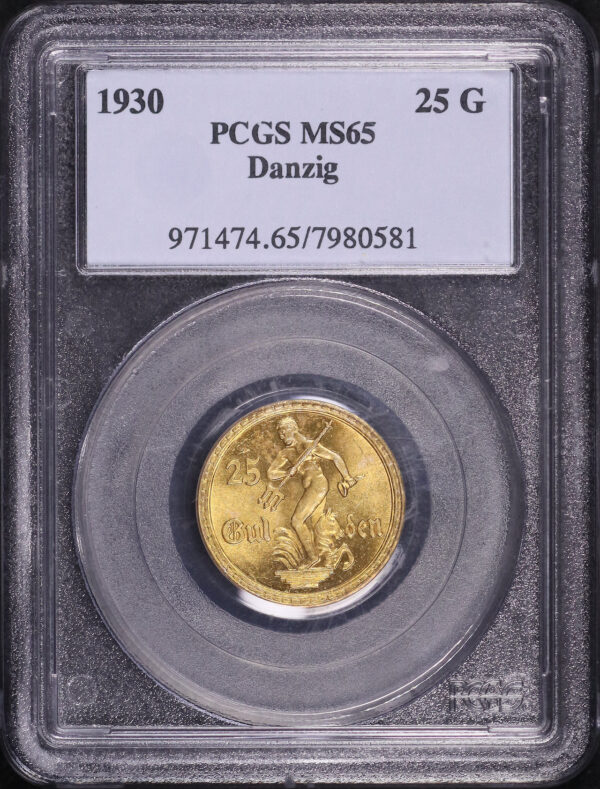Obverse of this 1930 Danzig Gold 25 Gulden KM #150 PCGS MS-65
