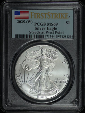 Obverse of this 2025-(W) Silver Eagle PCGS MS-69 Struck at West Point First Strike