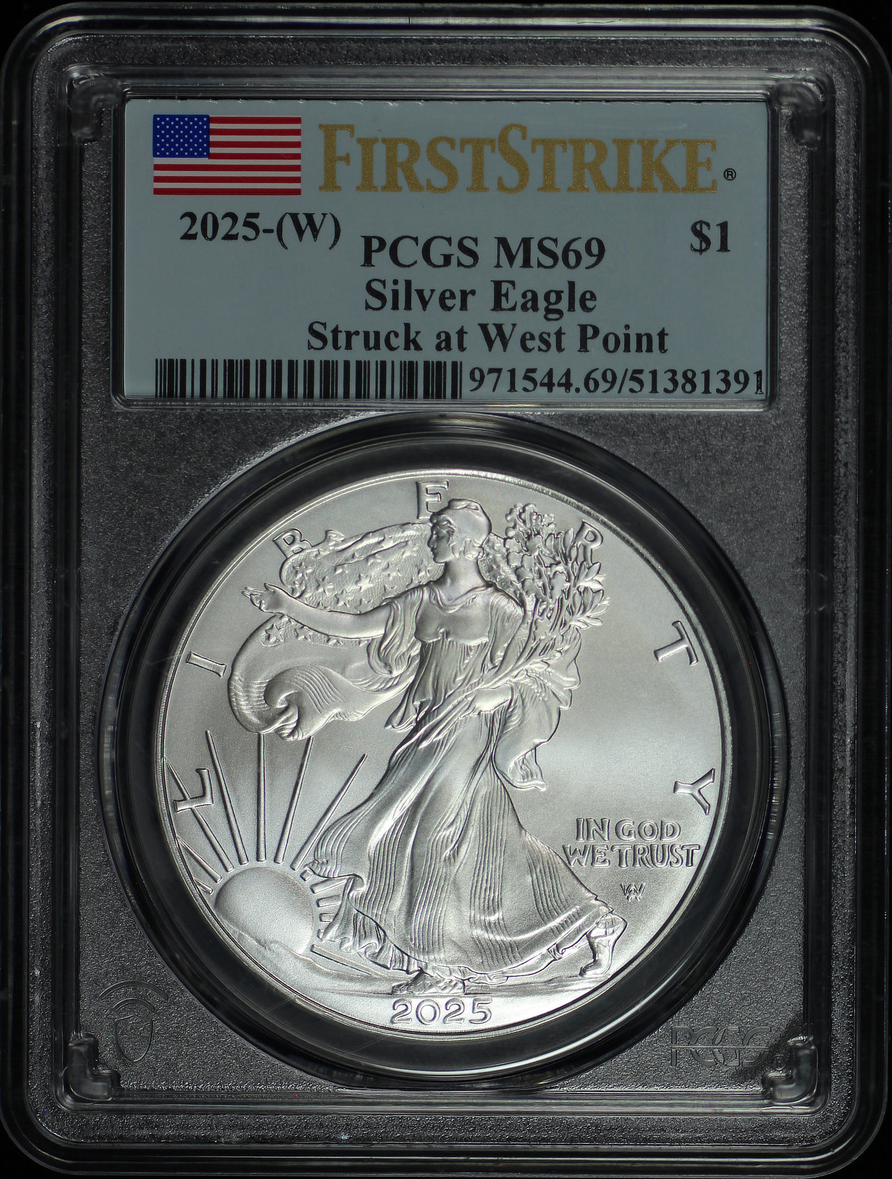 Obverse of this 2025-(W) Silver Eagle PCGS MS-69 Struck at West Point First Strike