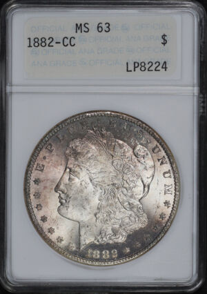 Obverse of this 1882-CC Morgan Dollar ANACS MS-63