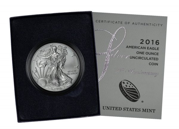 Obverse of this 2016-W Uncirculated Burnished American Silver Eagle