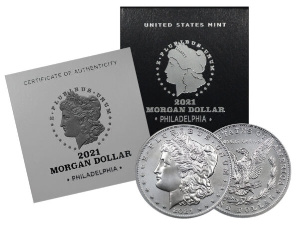 Obverse of this 2021-P Morgan Dollar No Privy Mark  BU With Box & COA