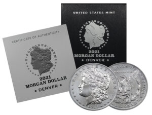 Obverse of this 2021-D Morgan Dollar Denver Privy Mark  BU With Box & COA
