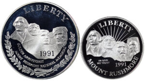 1991-S Two Coin Piece Mount Rushmore Anniversary Commemorative $1 Silver Proof OGP