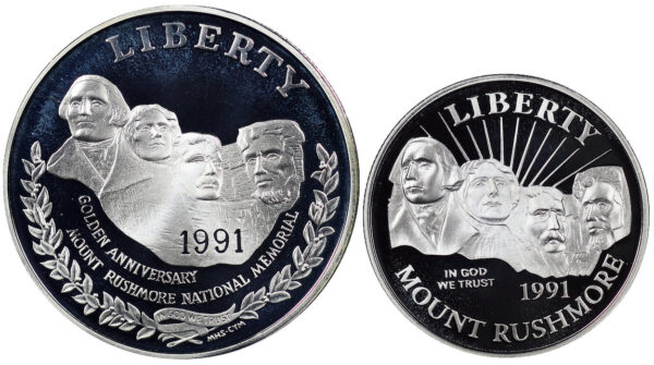 1991-S Two Coin Piece Mount Rushmore Anniversary Commemorative $1 Silver Proof OGP