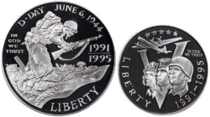 1991-1995-W Two Coin Piece World War II 50th Anniversary Commemorative $1 Silver Proof OGP