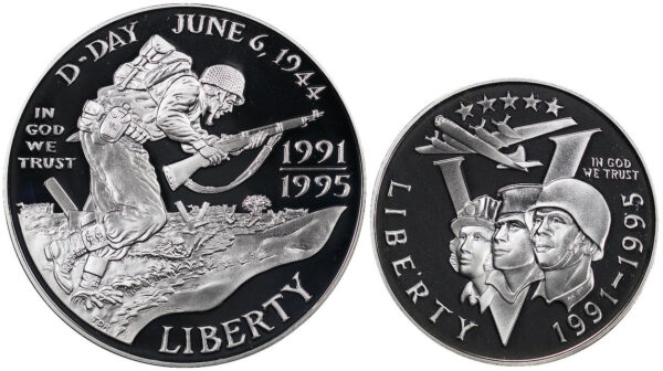 1991-1995-W Two Coin Piece World War II 50th Anniversary Commemorative $1 Silver Proof OGP