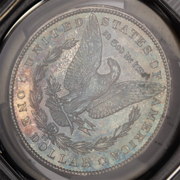Gallery image of this 1885-CC Morgan Dollar PCGS MS-64+ Near-Monochromatic Steel Blue Reverse Toning