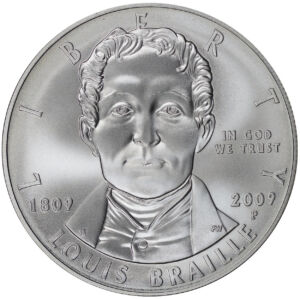 Obverse of this 2009 Louis Braille Bicentennial Commemorative $1 Silver Uncirculated OGP