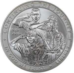 Obverse of this 2010 Boy Scouts of America Centennial Commemorative $1 Silver Uncirculated OGP