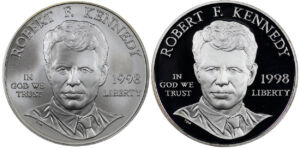 Obverse of this 1998-S Two Coin Piece Kennedy Commemorative $1 Silver Proof/Uncirculated OGP