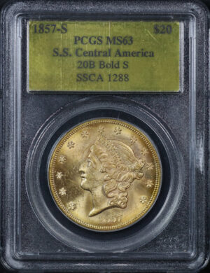 Obverse of this 1857-S Liberty Head $20 Type 1 20B Bold S PCGS MS-63 S.S. Central America Shipwreck Gold Foil Label