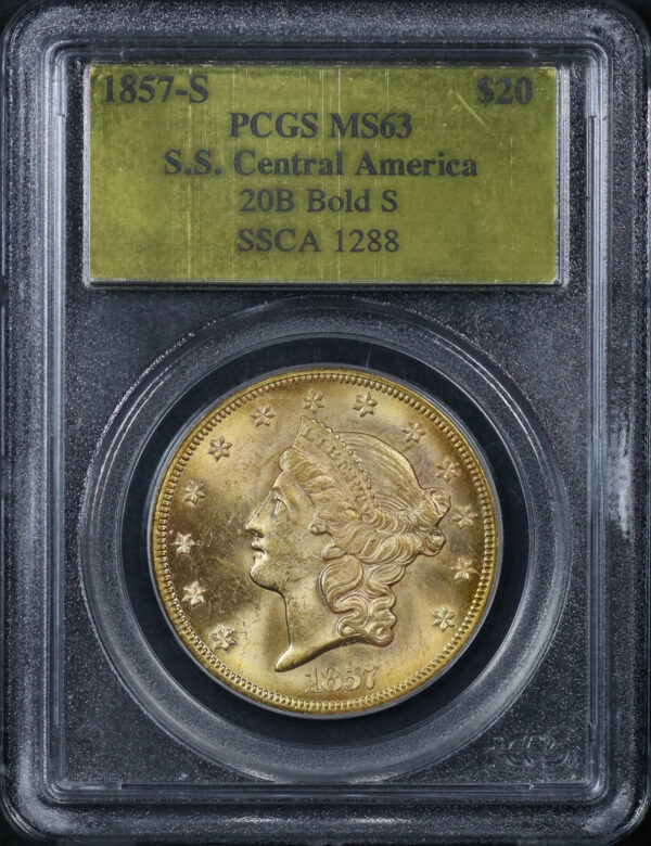 Obverse of this 1857-S Liberty Head $20 Type 1 20B Bold S PCGS MS-63 S.S. Central America Shipwreck Gold Foil Label