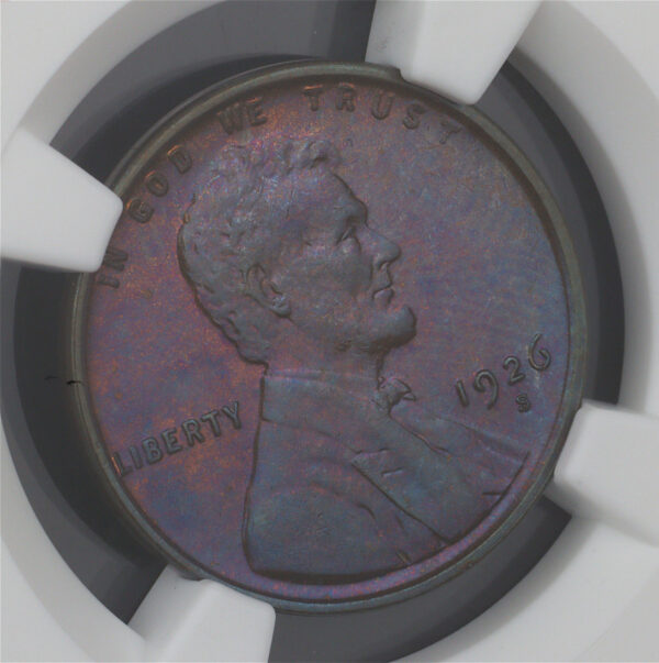 Gallery image of this 1926-S Lincoln Cent Wheat Reverse NGC MS-65 BN – Blue & Violet Hue Toning