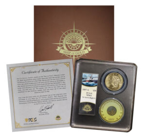 Obverse of this 1857-S Liberty Head $20 Type 1 No Serif, Right S PCGS MS-61  S.S. Central America Shipwreck Bob Evans Signature Label with One Pinch of CA Gold Dust