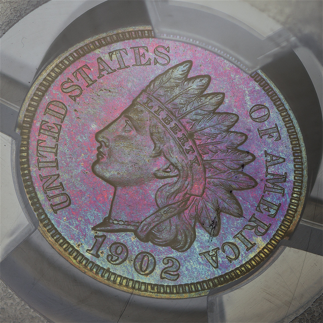 Gallery image of this 1902 Indian Cent PCGS PR-66 RB Blueberry Obverse Monster Toning