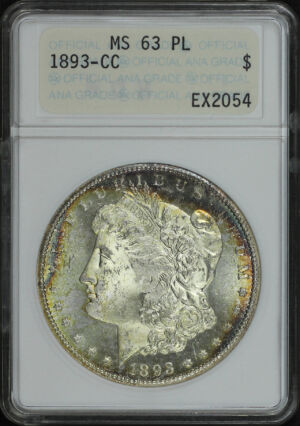 Obverse of this 1893-CC Morgan Dollar ANACS MS-63 PL First Generation Holder