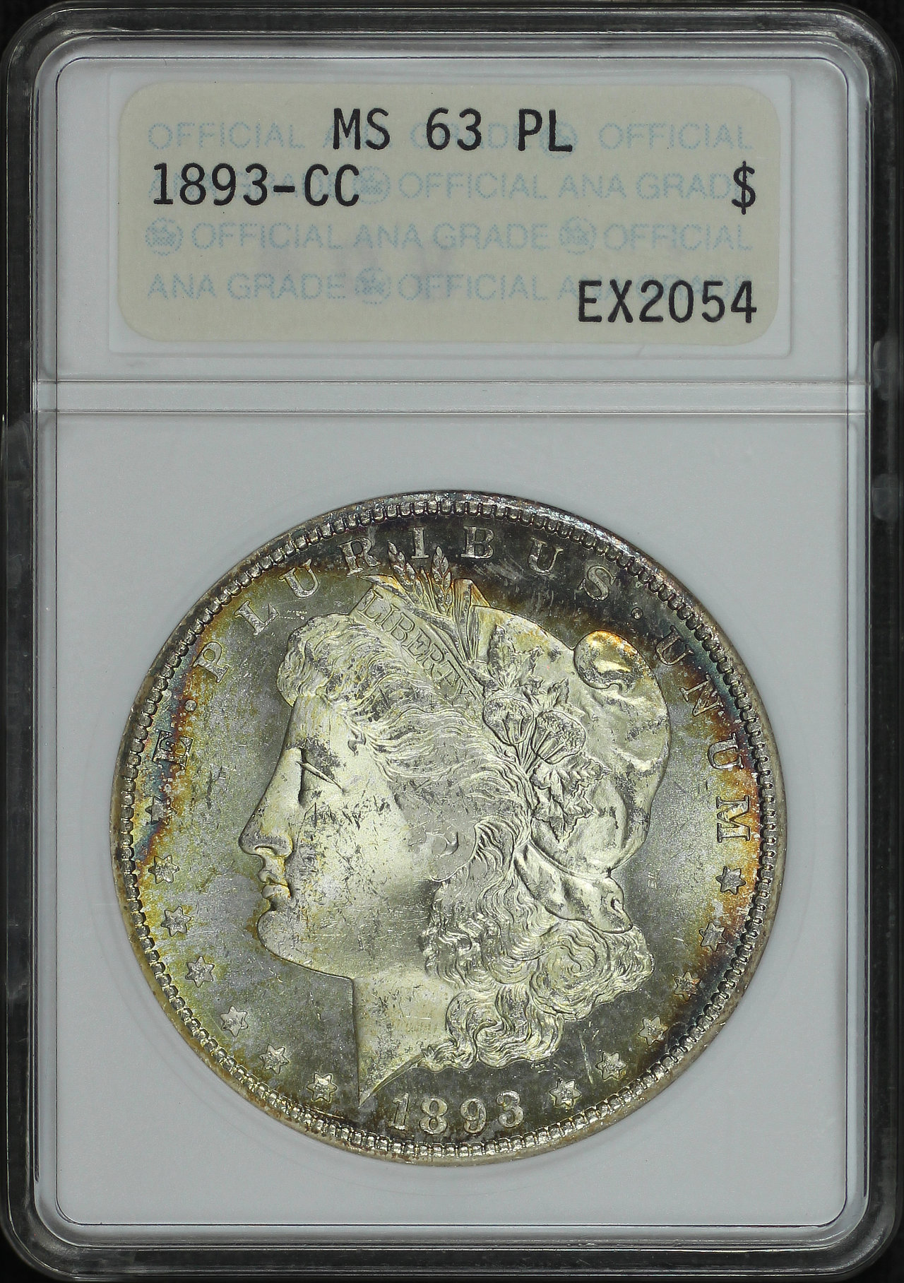 Obverse of this 1893-CC Morgan Dollar ANACS MS-63 PL First Generation Holder