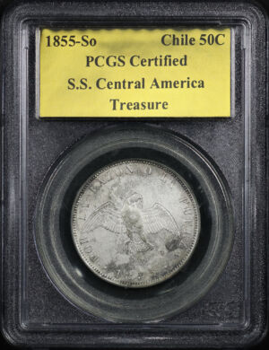 Obverse of this 1855-SO Chile Silver 50 Centavos PCGS Gold Foil S.S. Central America Treasure