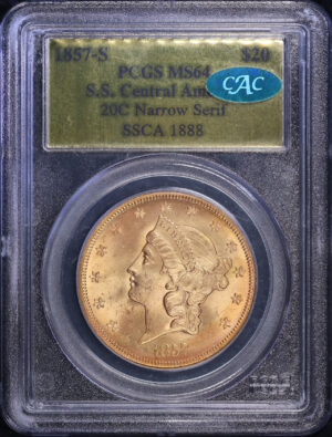 Obverse of this 1857-S Liberty Head $20 Narrow Serif Variety 20C PCGS MS-64 CAC S.S. Central America Shipwreck Gold Foil Label