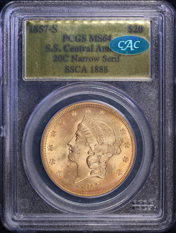 Obverse of this 1857-S Liberty Head $20 Narrow Serif Variety 20C PCGS MS-64 CAC S.S. Central America Shipwreck Gold Foil Label