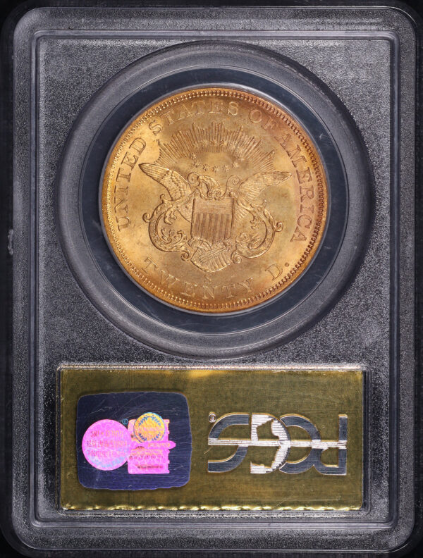 Reverse of this 1857-S Liberty Head $20 Narrow Serif Variety 20C PCGS MS-64 CAC 1888 S.S. Central America Shipwreck Gold Foil Label
