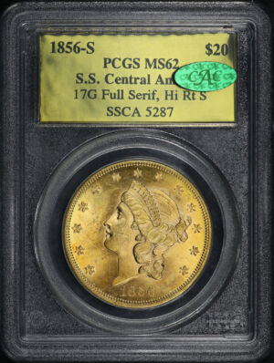 Obverse of this 1856-S Liberty Head $20 17G Full Serif Hi Rt S PCGS MS-62 CAC S.S. Central America Shipwreck Gold Foil Label
