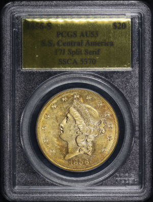 Obverse of this 1856-S Liberty Head $20 17J Split Serif PCGS AU-53 S.S. Central America Shipwreck Gold Foil Label
