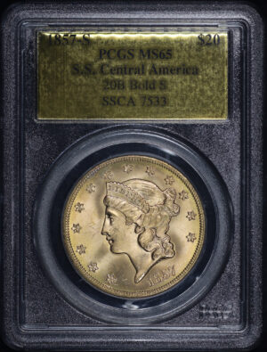 Obverse of this 1857-S Liberty Head $20 20B Bold S PCGS MS-65 S.S. Central America Shipwreck Gold Foil Label