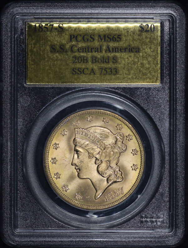Obverse of this 1857-S Liberty Head $20 20B Bold S PCGS MS-65 S.S. Central America Shipwreck Gold Foil Label