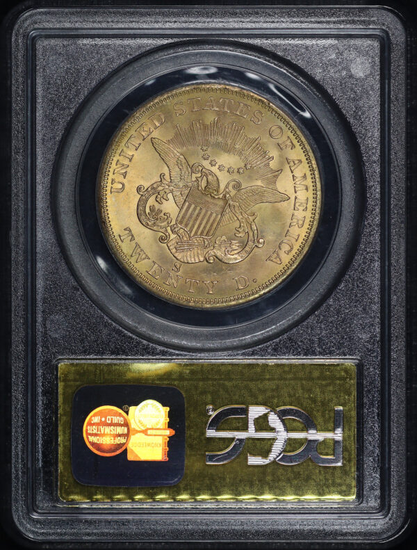 Reverse of this 1857-S Liberty Head $20 20B Bold S PCGS MS-65 S.S. Central America Shipwreck Gold Foil Label