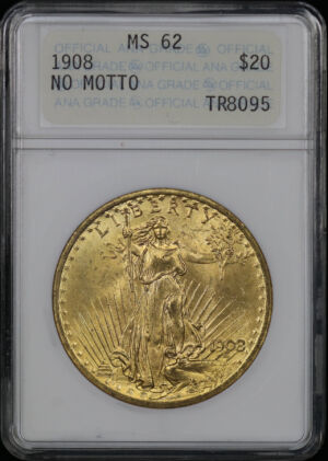 Obverse of this 1908 St. Gaudens $20 No Motto ANACS MS-62